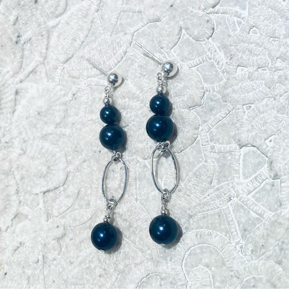 Artisian Earrings - Navy Swarovski Pearls & Sterling Silver -Post Closure 2 Inch - Picture 5 of 9
